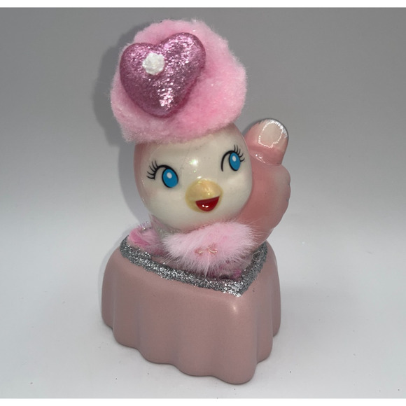 Vintage Pink Ceramic Bird Valentine Day Pink Heart Poofy Hat Fur Princess OOAK - Picture 4 of 16